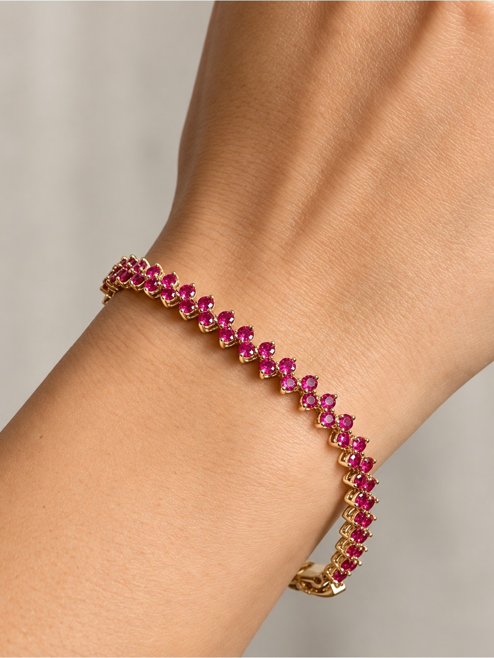 14K Gold Plated Fuchsia Pink CZ Tennis Bracelet Magenta Zigzag Crystal Statement